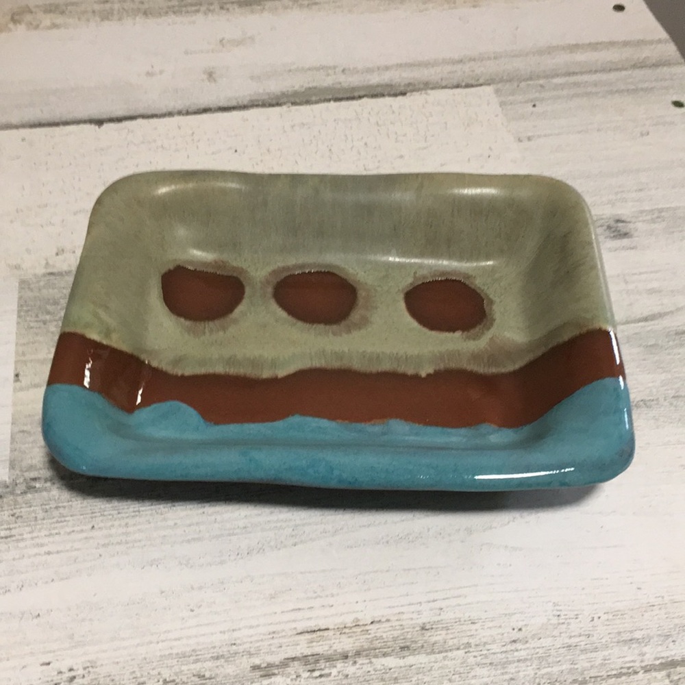 Blue/brown/tan stripes with brown dots handcrafted signed deep pottery tray